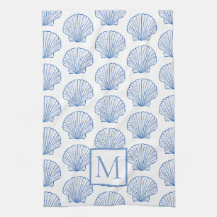 Coastal Blue and White Scallop Seashell Monogram Kitchen Towel