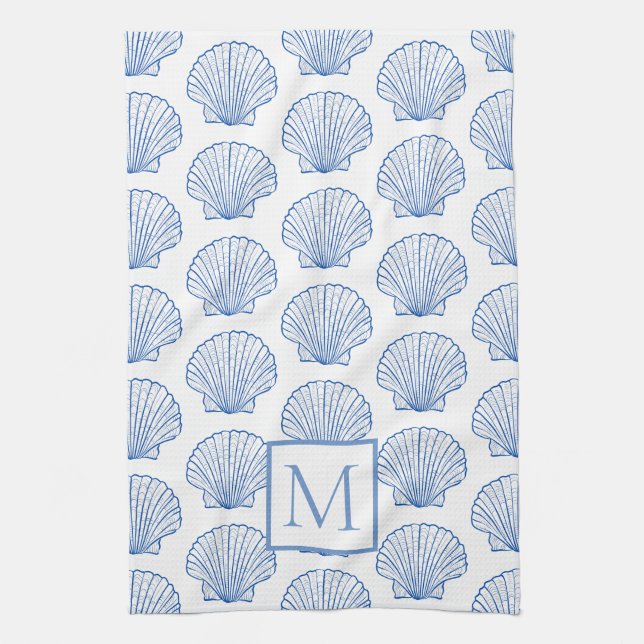 Coastal Blue and White Scallop Seashell Monogram Kitchen Towel (Vertical)
