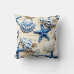 Coastal Blue and White Seashells and Starfish Throw Pillow