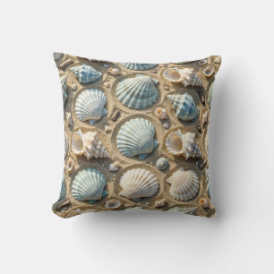 Coastal Blue and White Seashells and Starfish Throw Pillow