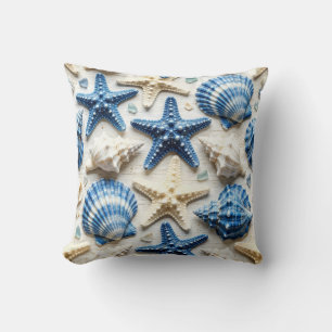 Coastal Blue and White Seashells and Starfish Throw Pillow
