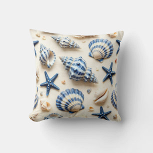 Coastal Blue and White Seashells and Starfish Throw Pillow