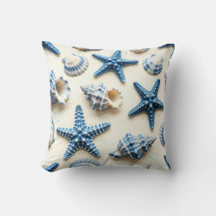 Coastal Blue and White Seashells and Starfish Throw Pillow