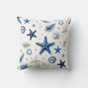 Coastal Blue and White Seashells and Starfish Throw Pillow