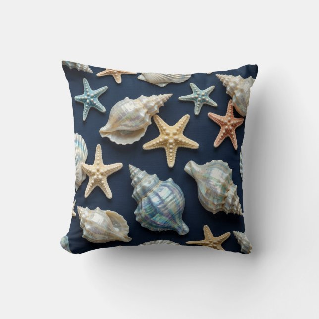 Coastal Blue and White Seashells Throw Pillow (Front)