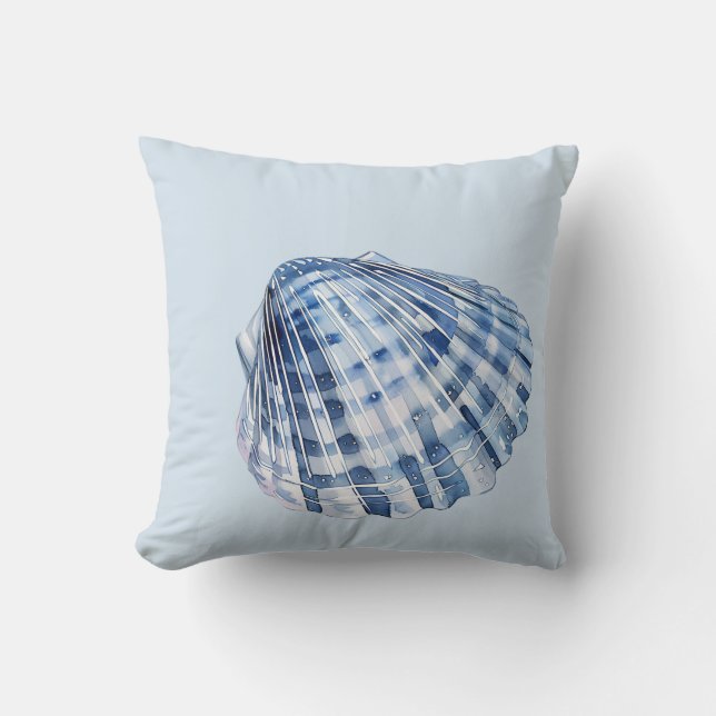 Coastal Blue and White Seashells Throw Pillow (Front)