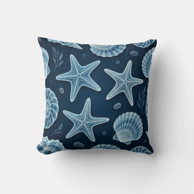 Coastal Blue and White Seashells Throw Pillow (Front)