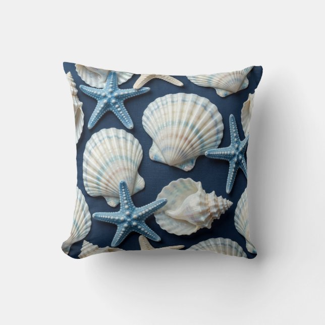 Coastal Blue and White Seashells Throw Pillow (Front)