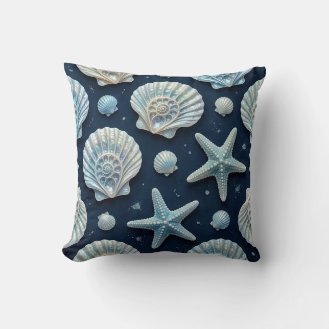 Coastal Blue and White Seashells Throw Pillow (Front)