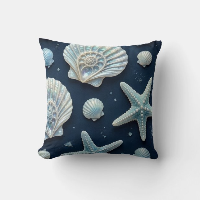 Coastal Blue and White Seashells Throw Pillow (Front)