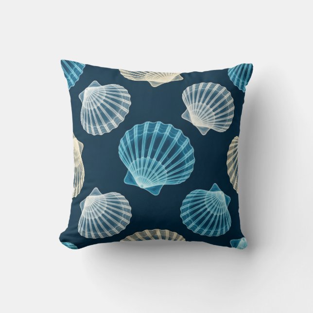 Coastal Blue and White Seashells Throw Pillow (Front)