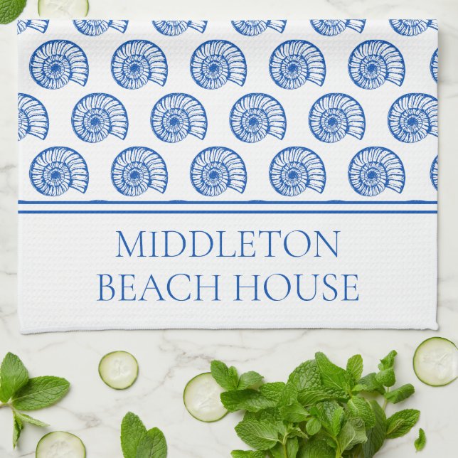Coastal Blue and White Shells Personalized Kitchen Towel (Folded)