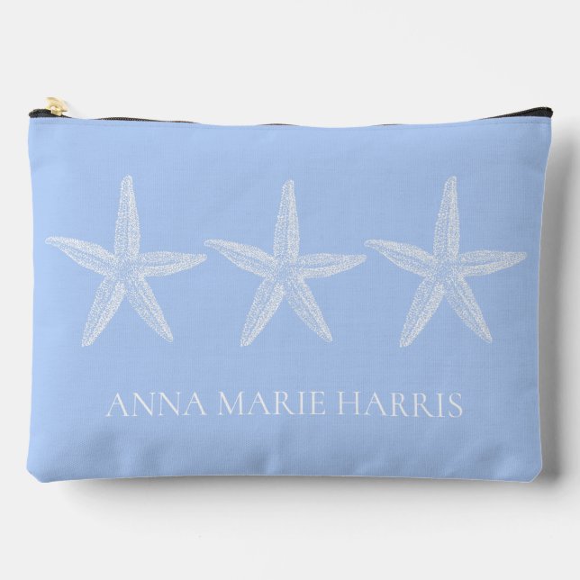 Coastal Blue and White Starfish Personalized Accessory Pouch (Front)