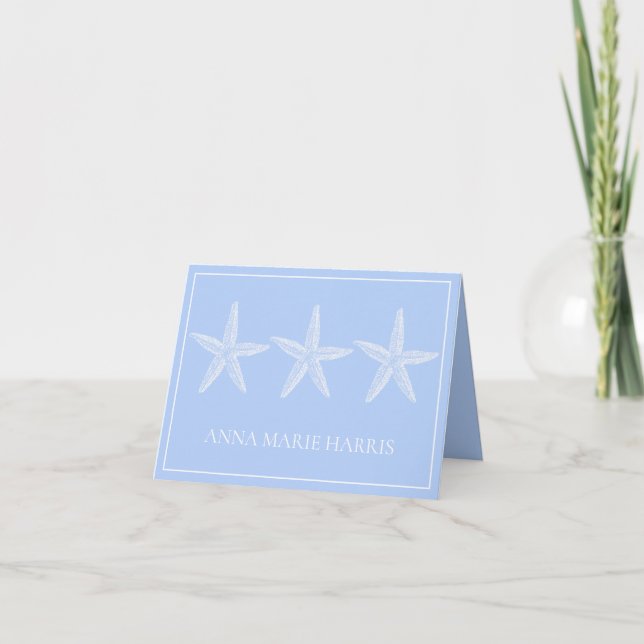 Coastal Blue and White Starfish Personalized Note Card (Front)