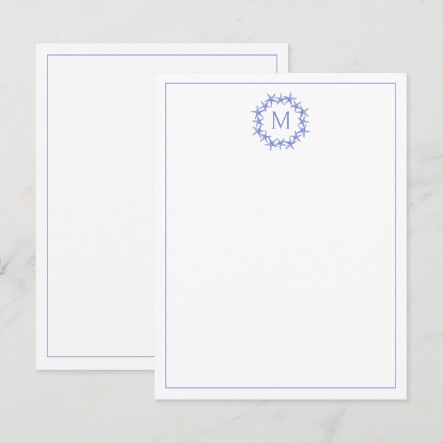 Coastal Blue and White Starfish Wreath Monogram Card (Front/Back)