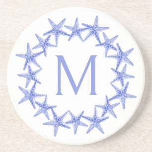 Coastal Blue and White Starfish Wreath Monogram Coaster