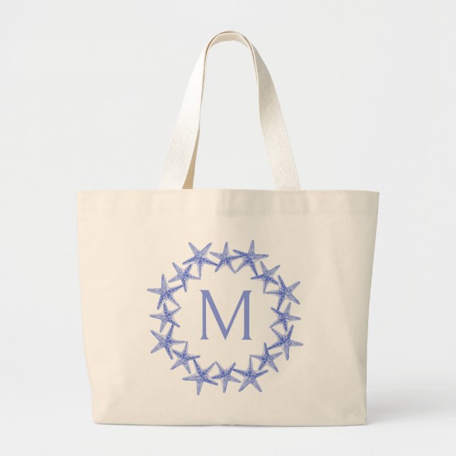 Coastal Blue and White Starfish Wreath Monogram Large Tote Bag (Front)