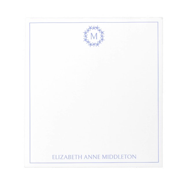 Coastal Blue and White Starfish Wreath Monogram Notepad (Front)