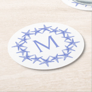 Coastal Blue and White Starfish Wreath Monogram Round Paper Coaster