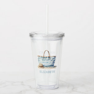 Coastal Blue and White Stripe Beach Tote Acrylic Tumbler