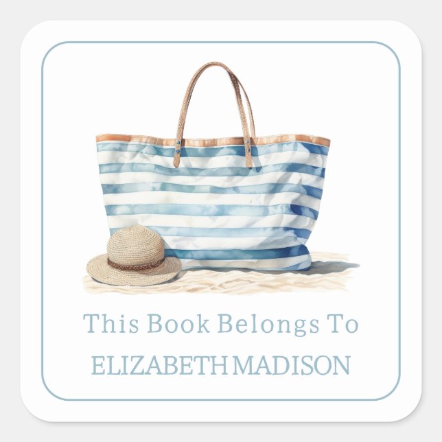Coastal Blue and White Stripe Beach Tote Bookplate Square Sticker (Front)