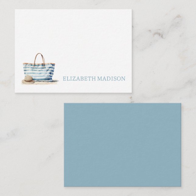 Coastal Blue and White Stripe Beach Tote Card (Front/Back)