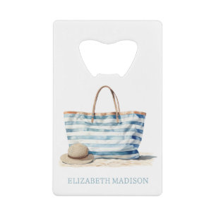 Coastal Blue and White Stripe Beach Tote Credit Card Bottle Opener