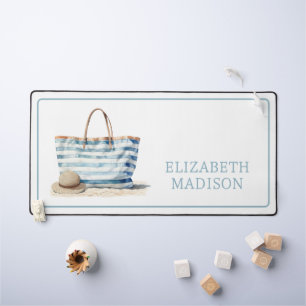 Coastal Blue and White Stripe Beach Tote Desk Mat
