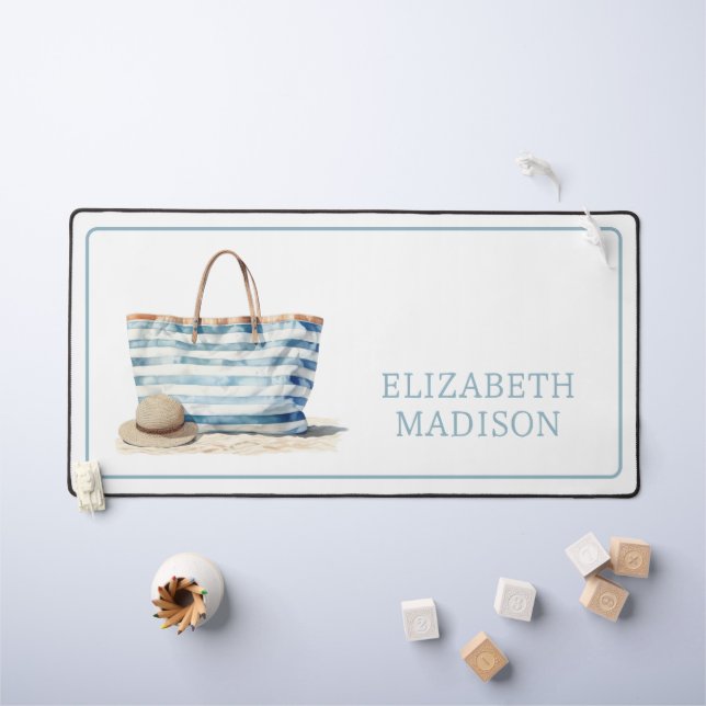 Coastal Blue and White Stripe Beach Tote Desk Mat (Kids Table)
