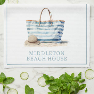 Coastal Blue and White Stripe Beach Tote Kitchen Towel