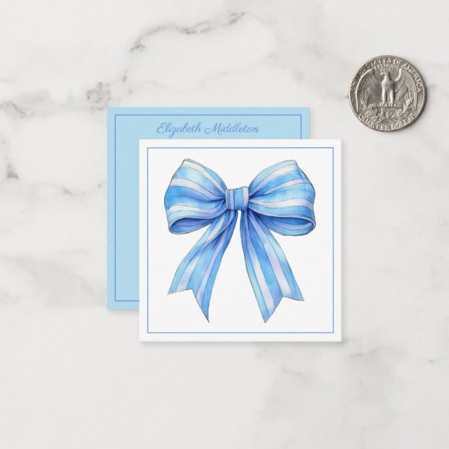 Coastal Blue and White Watercolor Bow Personalized Card (Front/Back In Situ)