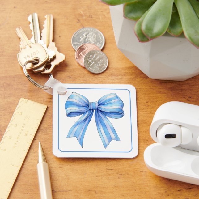 Coastal Blue and White Watercolor Bow Personalized Keychain (Desk)