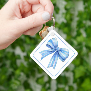 Coastal Blue and White Watercolor Bow Personalized Keychain