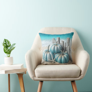 Coastal Blue Beach Pumpkins  Throw Pillow