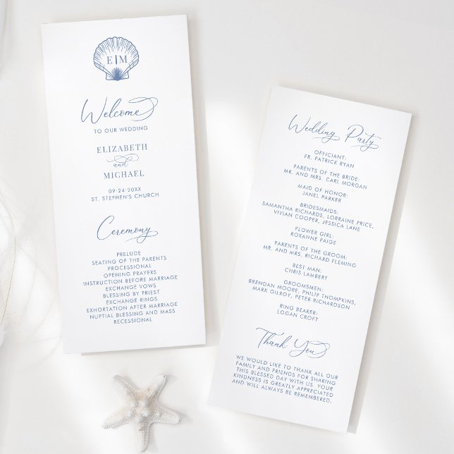 Coastal Blue Beach Shell Monogram Wedding Program (Creator Uploaded)