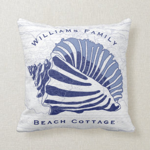 Coastal Blue Conch Seashell Family Monogram Throw Pillow