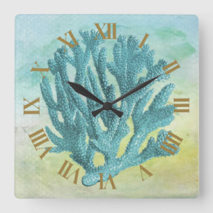 Coastal Blue Coral Beautiful and Elegant Square Wall Clock