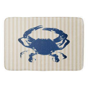 Coastal Blue Crab & Taupe Stripes Bath Mat