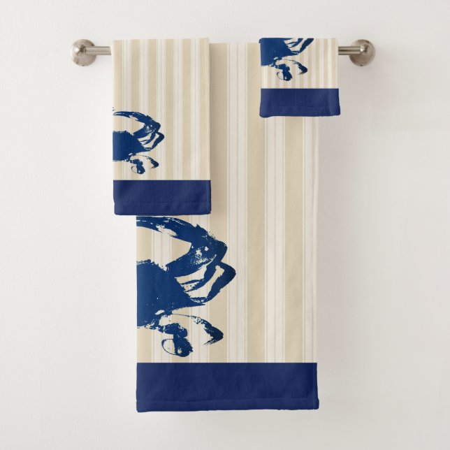 Coastal Blue Crab & Taupe Stripes Bath Towel Set (Insitu)