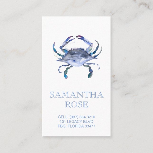 Coastal Blue Crab Watercolor Beach Business Card (Front)