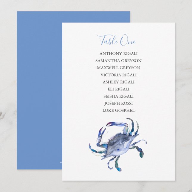 Coastal Blue Crab Wedding Seating Chart Card (Front/Back)