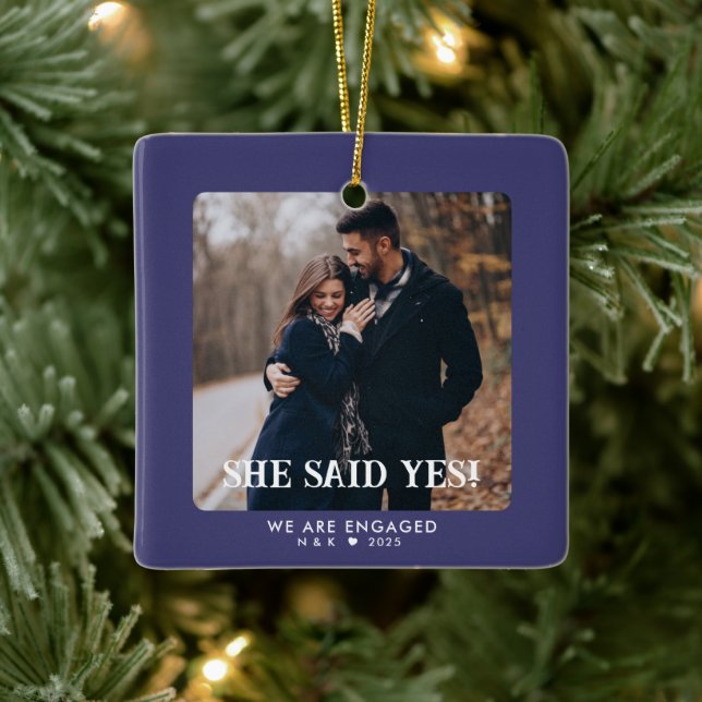 Coastal Blue First Christmas Engaged Custom Photo Ceramic Ornament (Tree)
