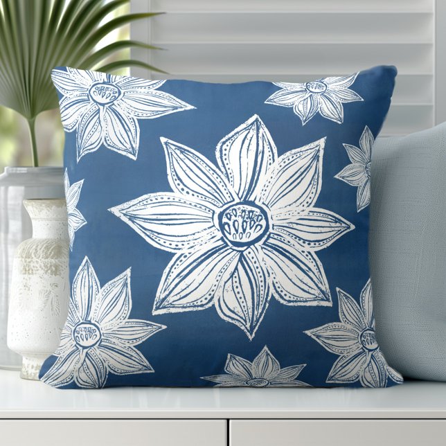 Coastal Blue Floral Throw Pillow (Discover our Elegant Coastal Throw Pillows in Blue & White.)