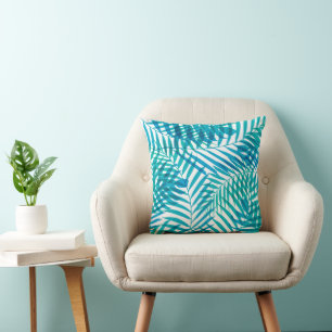 Coastal Blue Green and White Palm Foliage  Throw Pillow