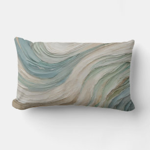 Coastal Blue Green Beige Abstract Waves Lumbar Pillow