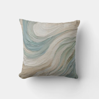 Coastal Blue Green Beige Abstract Waves Outdoor Pillow