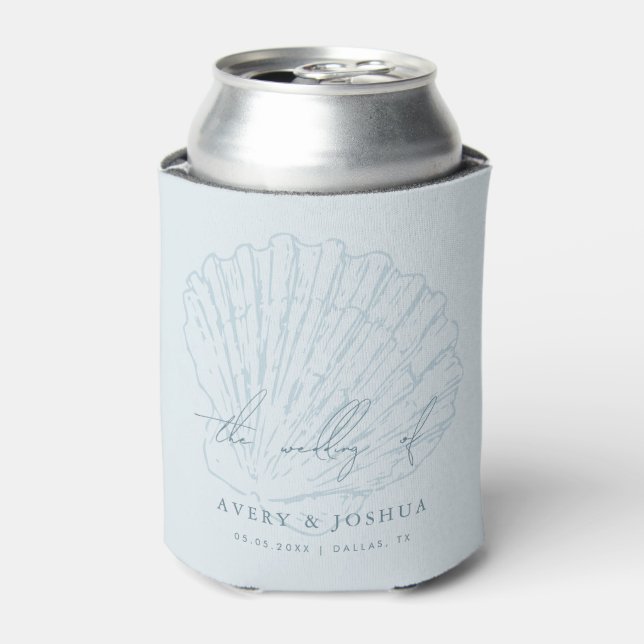 Coastal Blue Hand Drawn Seashell Wedding Favor Can Cooler (Can Front)