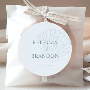 Coastal Blue Hand Drawn Seashell Wedding Favour Classic Round Sticker