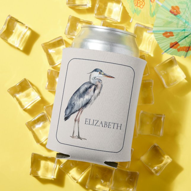 Coastal Blue Heron Bird Personalized Can Cooler (In Situ Summer)