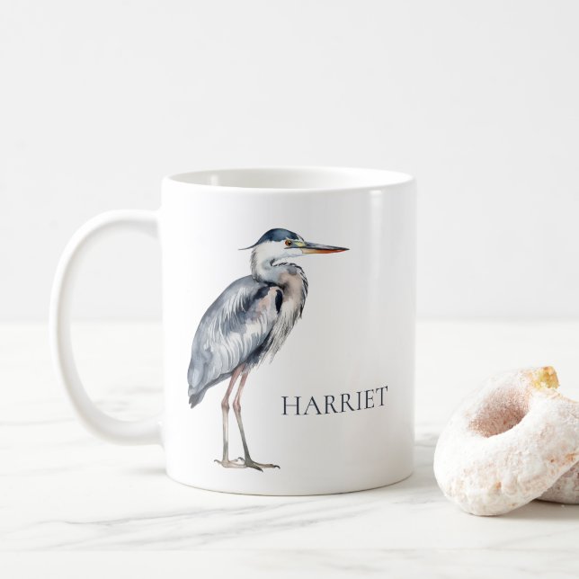 Coastal Blue Heron Bird Personalized Coffee Mug (With Donut)